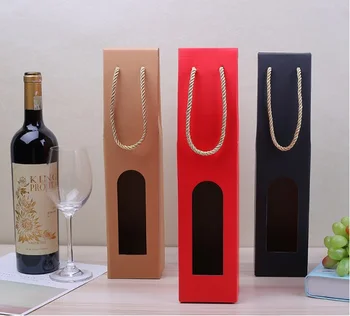 

Kraft Paper Single Red Wine Box Hot-stamping logo Oliver Oil Champagne Bottle Carrier Hand-held window gift box wen5662