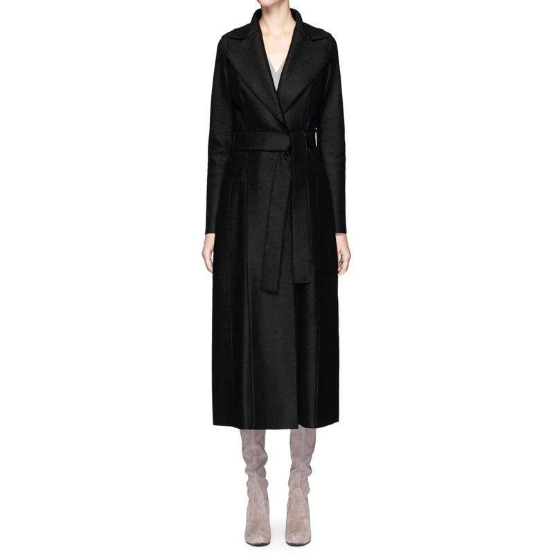 Winter Women turn down collar Black Woolen Maxi Long Coat Slim Belt Robe wool blends Overcoat