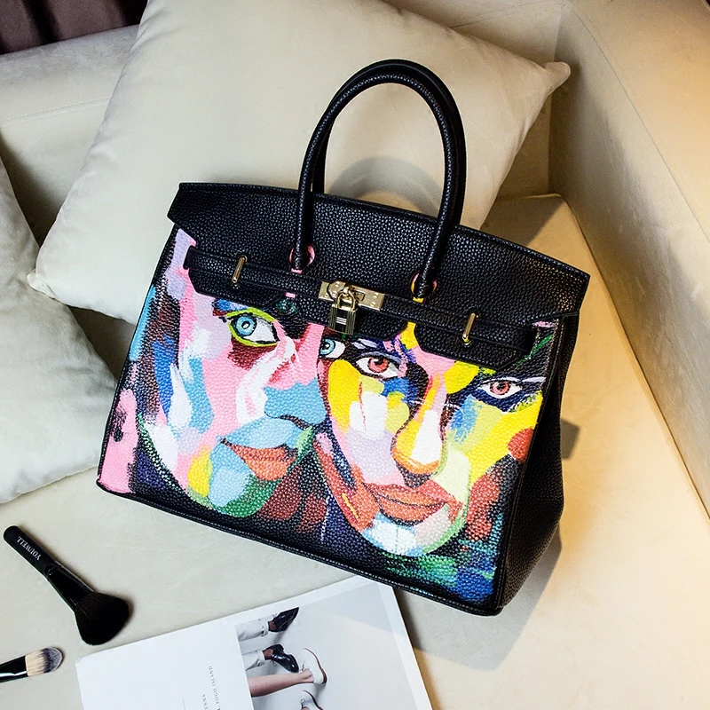 

2016 European Luxury Design Black PU Leather 35CM Gold Hardwere Custom Handpainted Graffiti Female Bag Figure Painting