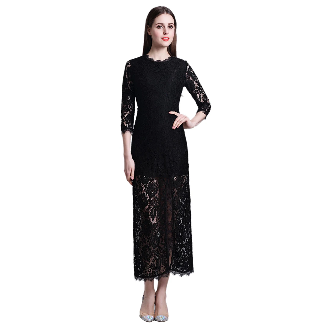 TFGS Original Design Women Hollow Out Lace Long 3 4 Sleeve Split Dress Women Amazing Party