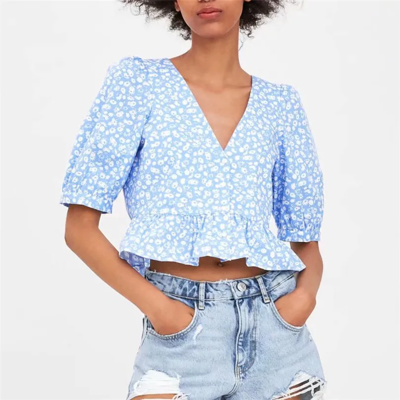

Women sweet floral print crop tops sexy V neck button pleated short sleeve shirt summer casual female cute tops blusas