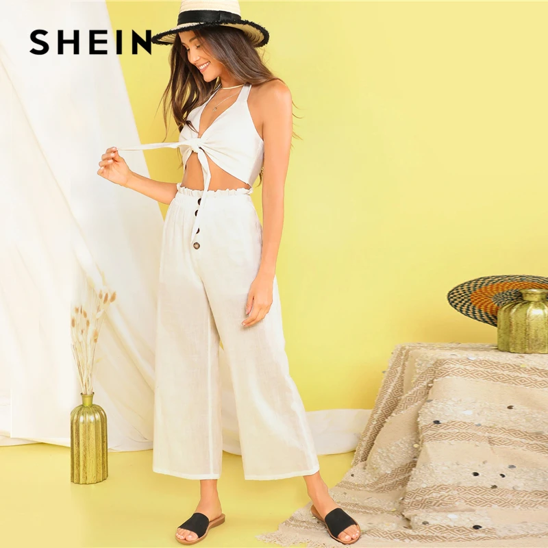 SHEIN الأبيض التعادل الجبهة الرسن عقدة المحاصيل أعلى و بنطال ذو قصة أرجل واسعة 2 قطعة مجموعة النساء الصيف Paperbag الخصر زر الصلبة اثنين قطعة مجموعة