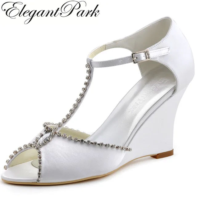 Woman Summer Sandals MC-032 Peep Toe Wedges Heels T-strap Rhinestones Satin Pumps Bride Bridesmaid Wedding Evening Bridal Shoes