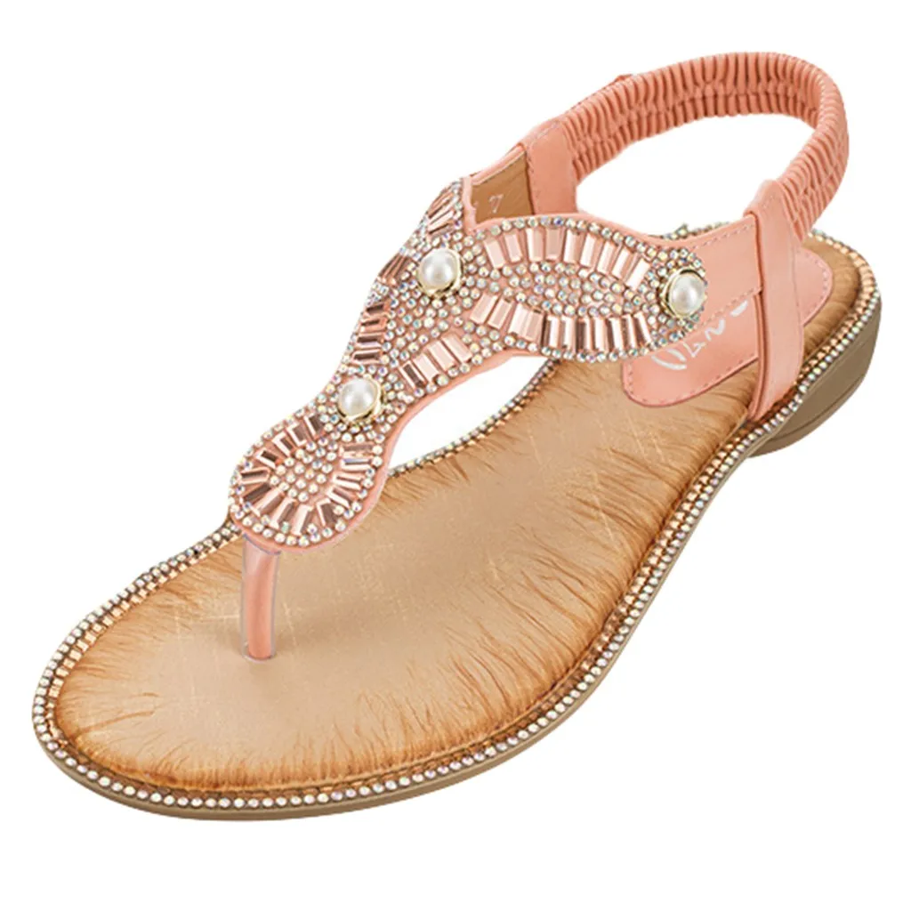 

Summer Women Ladies Bohemia Elastic T-type String Bead Fashion Element Slip-On Flat Sandals Beach Back Strap Shoes May 22