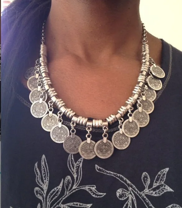 Серебряная монета ожерелье Цыганский богемный турецкий ювелирные изделия Африканский черный камень Монета Кисточкой Ювелирные наборы для женщин костюм индийские ювелирные изделия