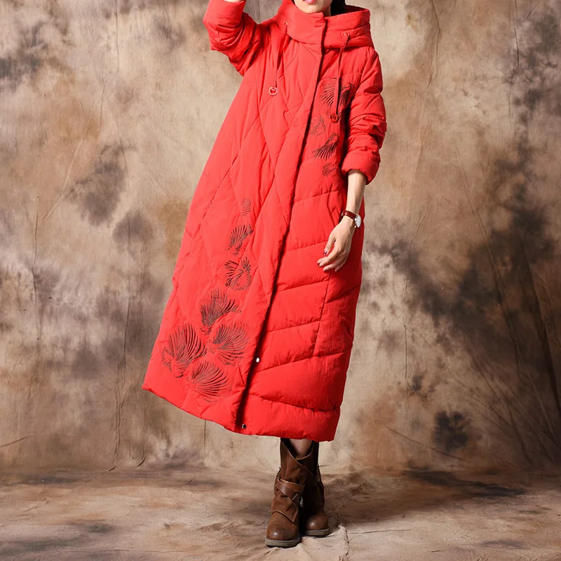 Johnature 2018 Winter New Embroidery Floral Down Coats For Women Hooded Solid Color Vintage Patchwork Warm Women Down Coats