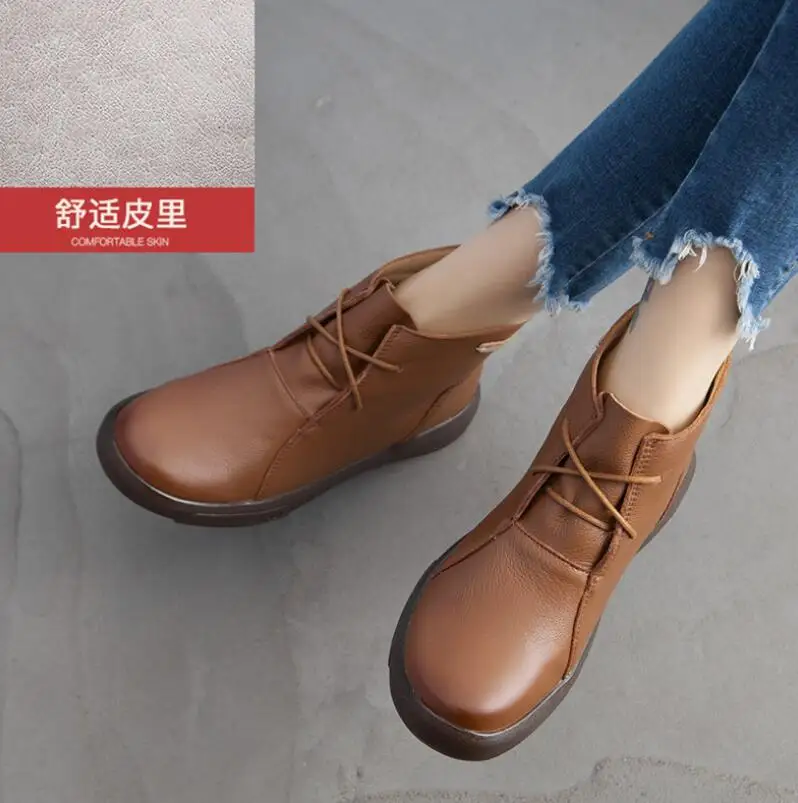 Зимние ботильоны женские ботинки из натуральной кожи модные ботинки Женская рабочая обувь женская обувь на шнуровке с круглым носком женские ботинки - Цвет: Brown single