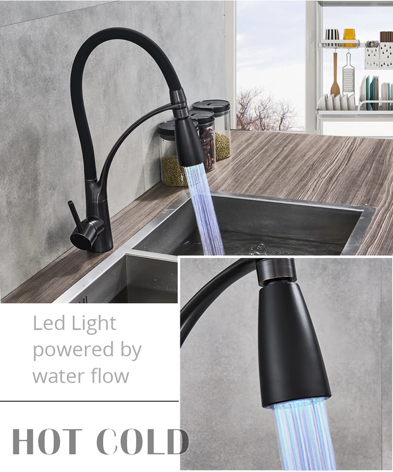 Chrome светодиодные кран для ванной и кухни кухня смеситель кран черный тянуть сливная труба горячей и холодной водопроводной воды для на