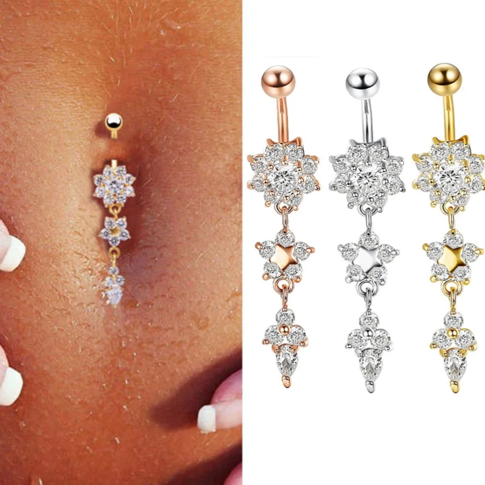 Sexy Dangle Belly Bars Belly Button Rose Gold Rings Belly Piercing Cz Crystal Flower Body 