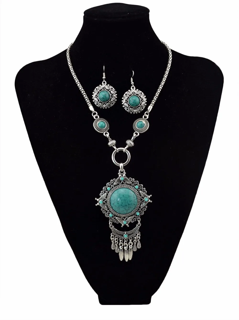 Jewelry Sets Jewelry Set Women Earrings Chain Necklace Bohemian Vintage Blue Acrylic Stone Beads Tassel Choker Necklace Earrings For Women India Gypsy Boho African Ethnic Jewelry Set