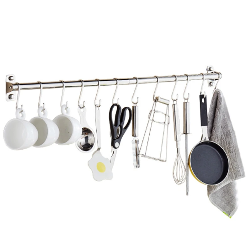 

Diy Stainless Steel Kitchen Rack Wall Mounted Kitchen Hanger Bathroom Holder Hanging Rod Organizer Multi-Function Rod with Hoo