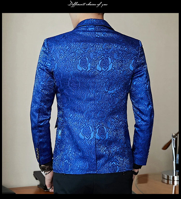 Жаккардовая ткань мужской костюм, пиджак, Осень Длинные рукава для мужчин Блейзер Пальто синего и черного цвета