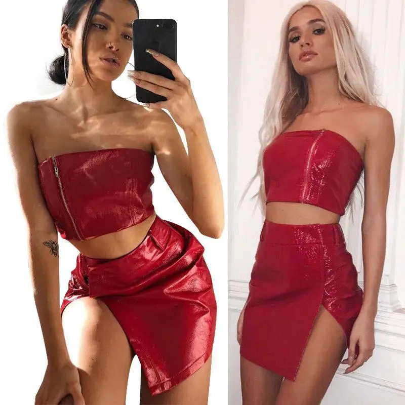 

2018 Newly Summer Fashion Sexy Women Clothes Set PU Leather Sleeveless Strapless Solid Red Zipper Short Length Tops Cross Skirts