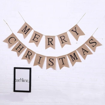 

Jute Rope Natural Merry Christmas Photo Props Vintage Pennant Burlap Bunting Banner Rustic Party Decoration Flag Event Supplies