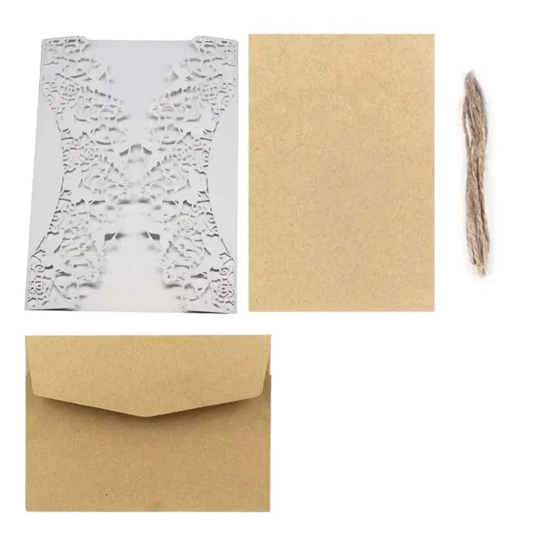  10pcs/set Laser Cut Hollow Wedding invitations Cards Lace Hemp Rope Invite Envelopes Kits For Engag - 33046230037