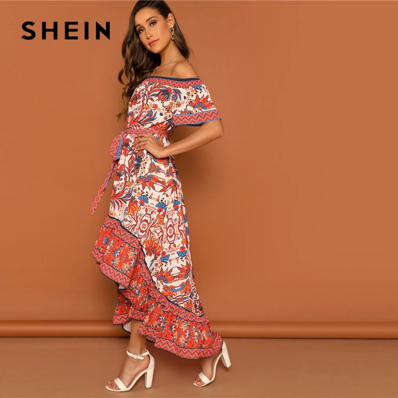 SHEIN بوهو متعدد الألوان القبلية و الزهور طباعة معطلة الكتف Dip تنحنح مربوط اللباس المرأة قصيرة الأكمام أنيقة الصيف فساتين متوسطة الطول