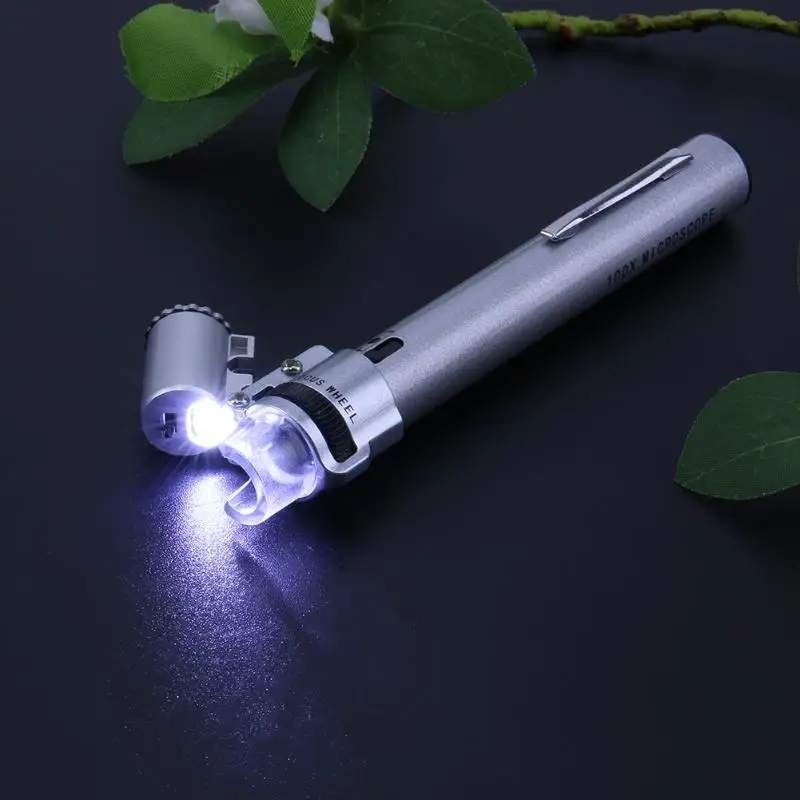 

100x Microscope Metal Pen Home School Educational Toy Gift Biological Adjustable Microscope 3 LED Microscopio Magnifier