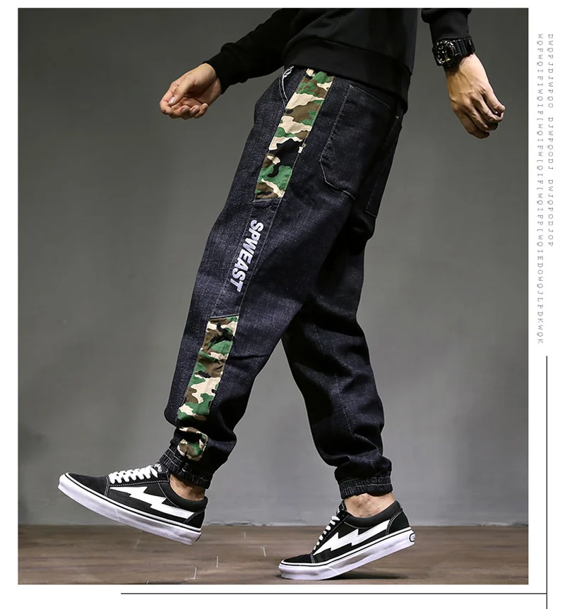Модные Классические Для мужчин джинсы Джоггеры в стиле панк свободная посадка черные шаровары c принтом синий камуфляжной карго Брюки в стиле «хип-хоп» Джинсы Для мужчин