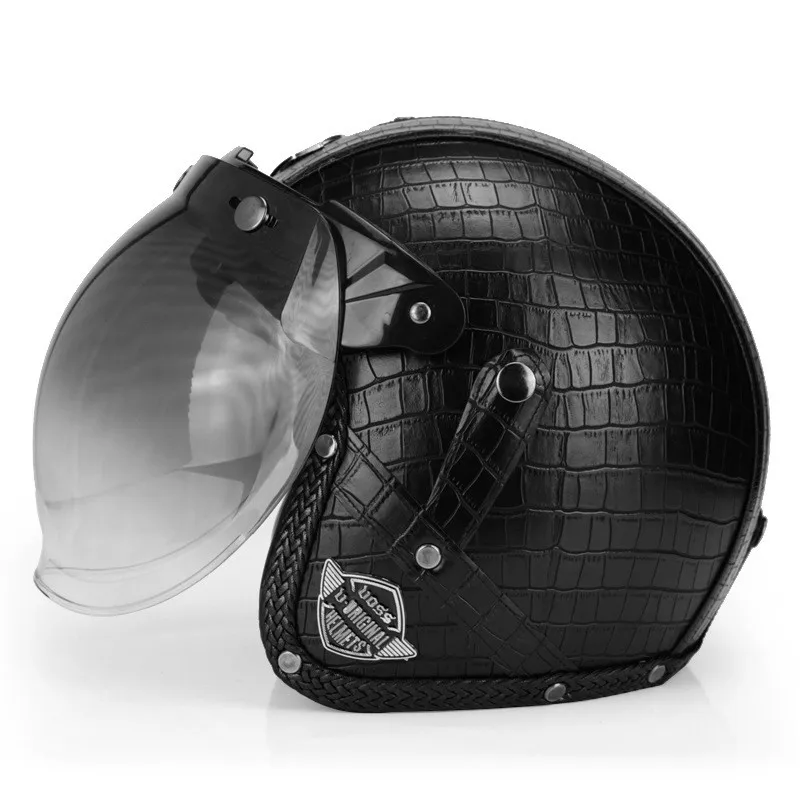 VOSS мотоциклетный шлем для мотокросса, винтажный шлем для скутера, кожаный шлем для мотокросса, ветрозащитные шлемы с открытым лицом - Цвет: Stripe leather