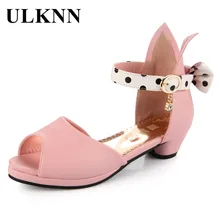 ULKNN/Летние босоножки для девочек с открытым носком; детская обувь; обувь из натуральной кожи с бантом на низком каблуке для девочек; детская обувь принцессы; Sandalias