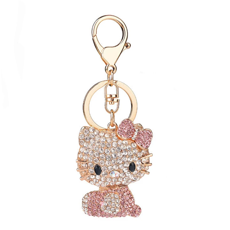 New Arrival Hello Kitty Pendant Creative Rhinestone Keyrings Gold Color