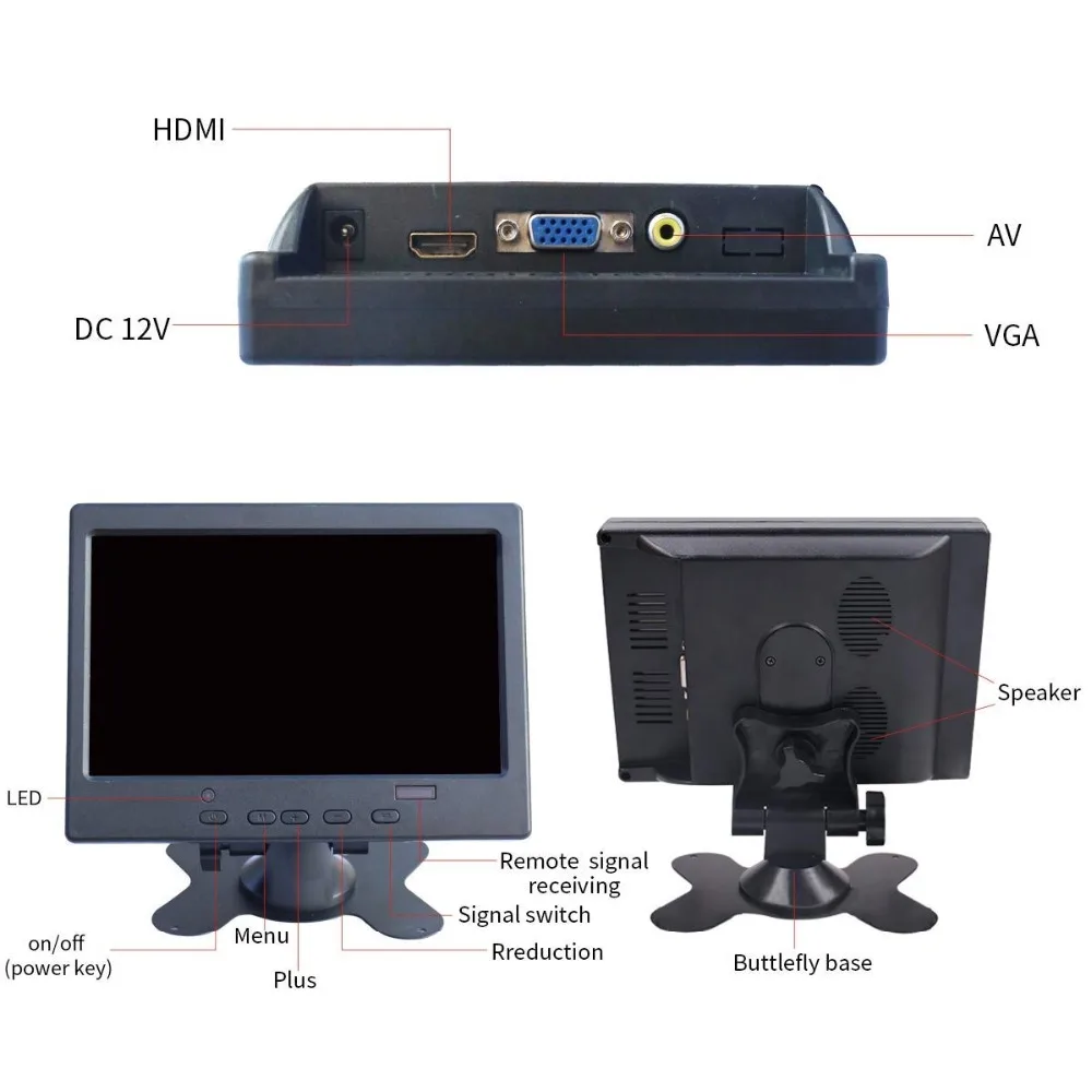 7 дюймовый сенсорный HD портативный монитор TFT LCD 1024x600 AV вход/VGA/HDMI пластиковый