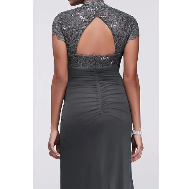 gathered jersey dress with scalloped lace bodice