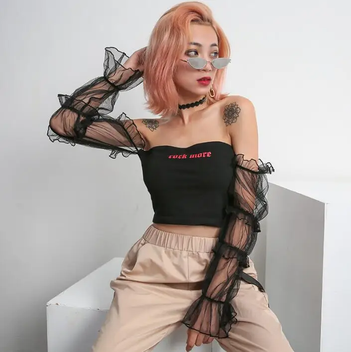 

Mesh Flare Sleeve Patchwork Rock More Letter Print T-shirts