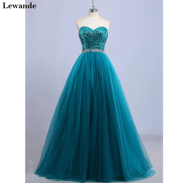 Teal Sequin Prom Dress Strapless Back