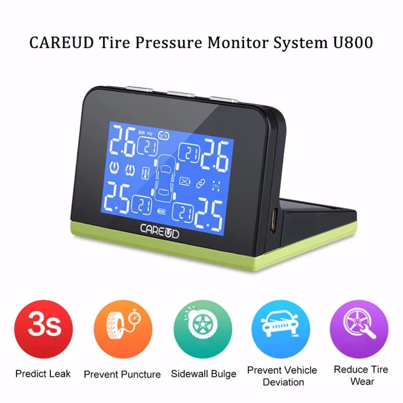 CAREUD TPMS Солнечный универсальный индикатор давления в шинах 4 внешних датчика