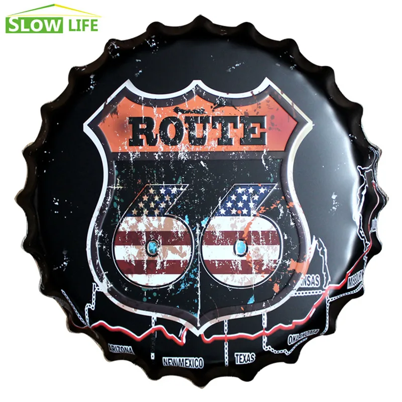 

35cm USA Route 66 Beer Bottle Cap Metal Tin Sign Vintage Home Decor Tin Sign Wall Decor Metal Sign 3D Wall Decor Metal Plaque
