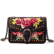 Роскошные модные сумки через плечо для женщин, разделенная кожа, заклепки, вышитые цветы, цепь, сумка на плечо, женские черные кошельки, сумки