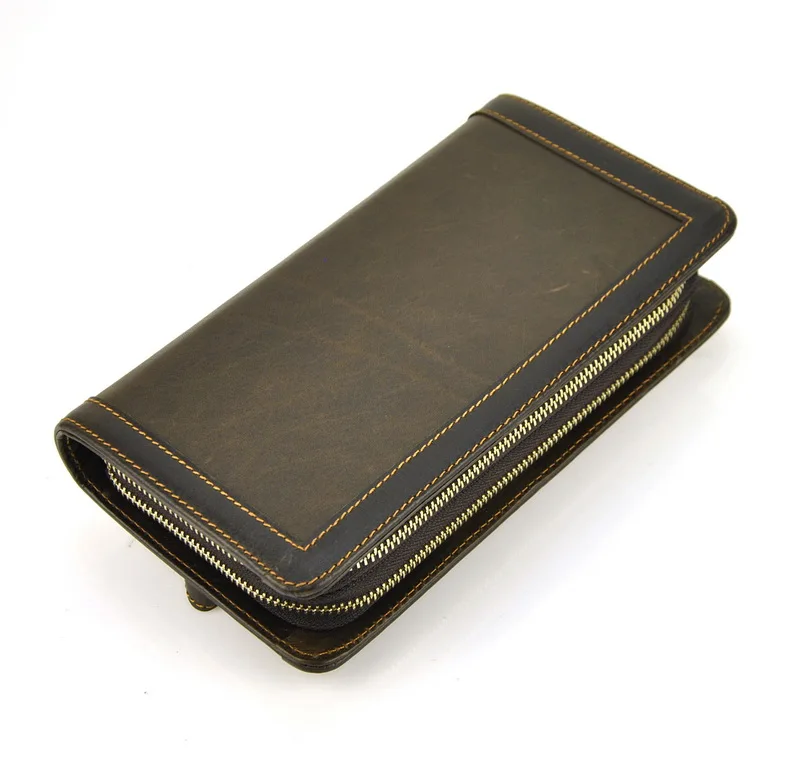 Men Vintage Genuine Leather Clutch Wallet Double Zip Around Credit Card Holder Cellphone Mobile ...