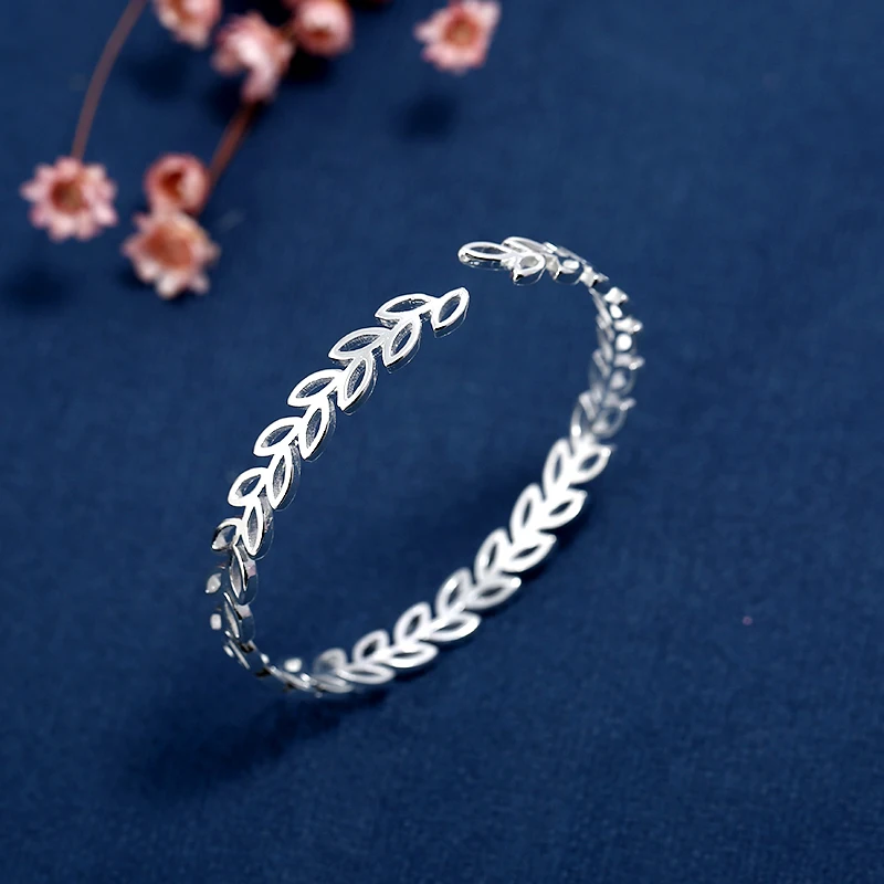 

925 Sterling Silver Bracelets Bangles For Women Bangles Hollow leaves Olive branch Adjustable Silver 925 Jewelry Open Bangle