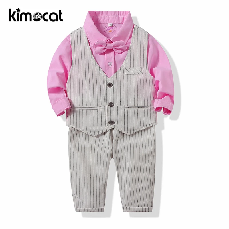 Kimocat/весенне-осенняя одежда для маленьких мальчиков Джентльменский жилет с длинными рукавами+ рубашка+ штаны, Официальный Школьный костюм комплект одежды для мальчиков в английском стиле