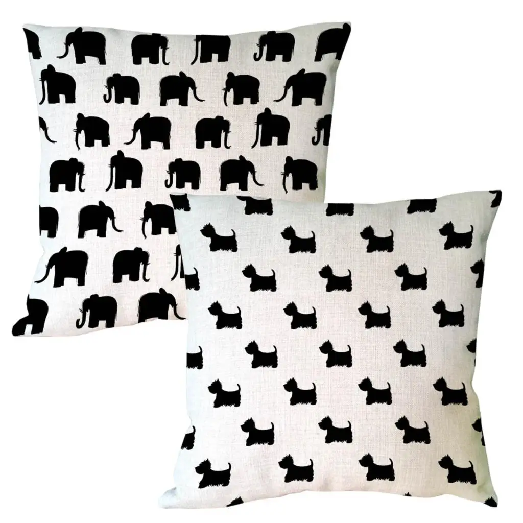 Custom Black Elephants Print Cotton Linen Throw Pillow Cases Decorative Cushion Covers For Sofa