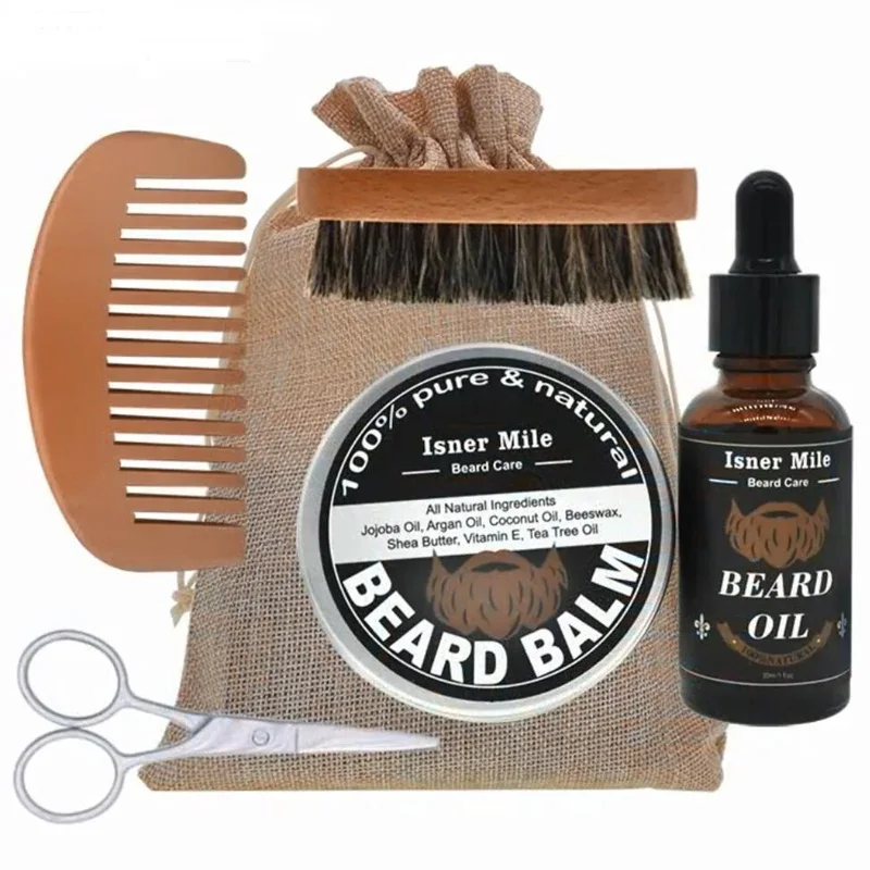 6PCS Bag Men Beard Oil Kit Moustache Comb Brush Food Storage Kits Male Care Kit Beard Wax Beard