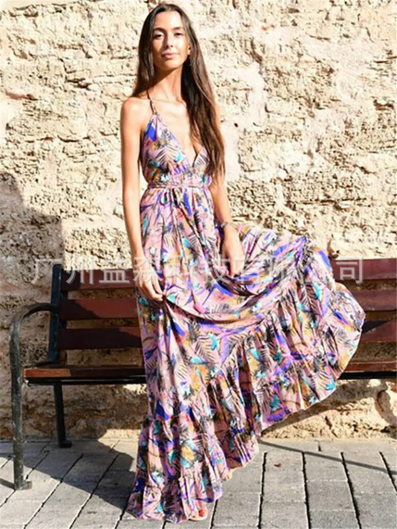 Женские летние сексуальные вечерние богемные пляжные платья, элегантное Бандажное Макси-Платье с открытой спиной