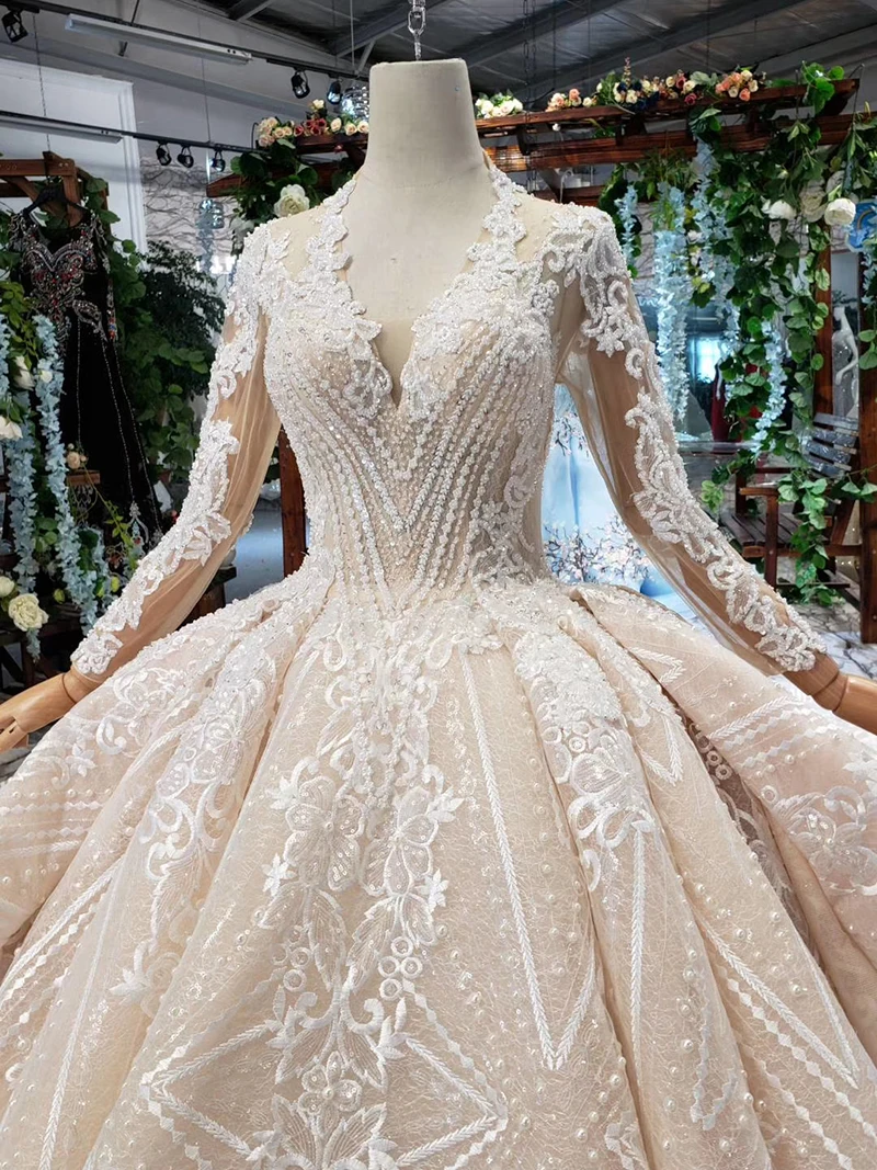 HTL433 long sleeves lace wedding dresses with train v-neck open back puffy ruffle wedding gowns heavy handwork robe de mariee (4)