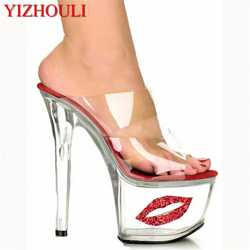 

Sexy crystal 17cm high heels, dancer's red lips decorated platform slippers, nightclub pole dance 8-inch high heels slippers