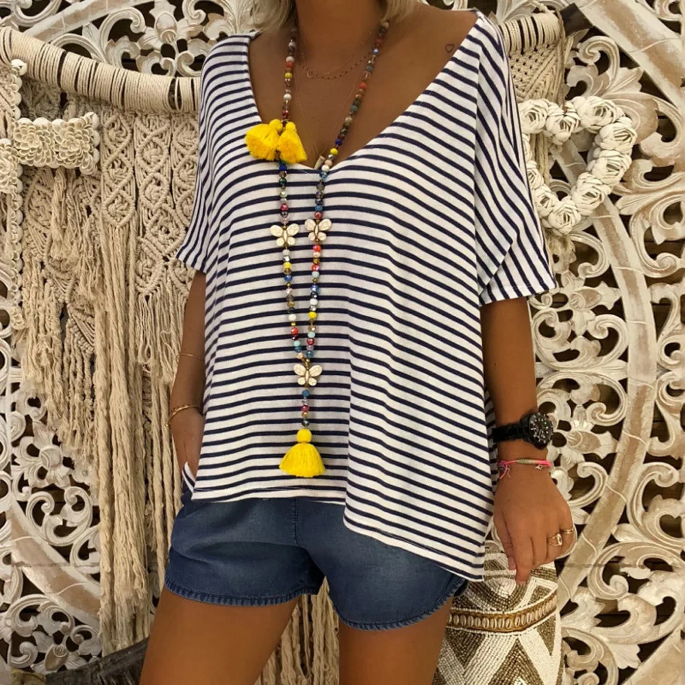 

Women's casual cotton summer loose V-neck bat sleeves large size half-sleeve striped top#G6