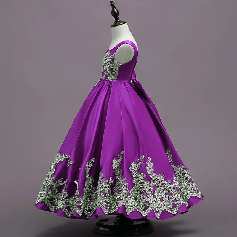 Real até o Chão Vestidos da Menina Vestidos de Festa Princesa Azul Flor Ouro Applique Meninas Pageant Vestido Primeira Comunhão 15 Vestidos floridos para meninas