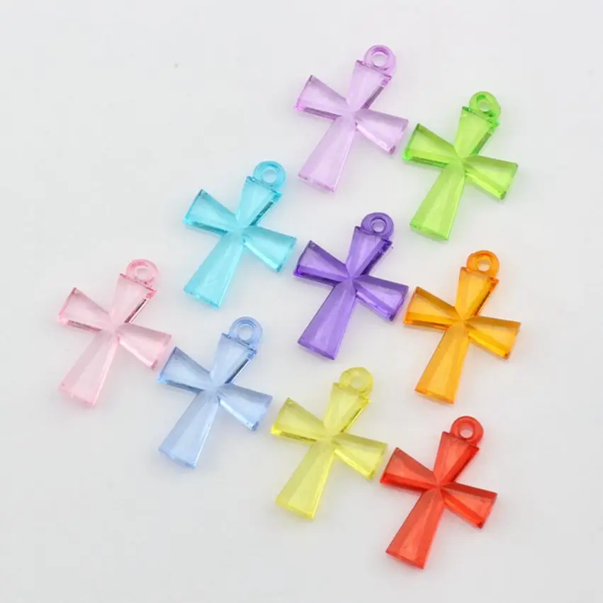 

200 Pcs mixed Color Acrylic Transparent Plastic Columnar Cross Small Pendants 27.5*19.5mm Q516