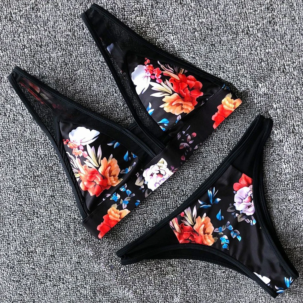 

Mesh Flower Print Swimsuit Women Black Bikini Set Sexy Push Up Bikini 2019 Padded Swimwear Female Halter Bandage Bathing Suit