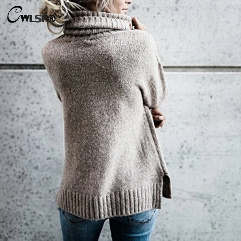 CWLSP 2018 Winter 6 Colors Solid Sweater Women Long Sleeves Turn Dowm Collar Casual Loose Tops Sweater Side Split Tops QZ2928