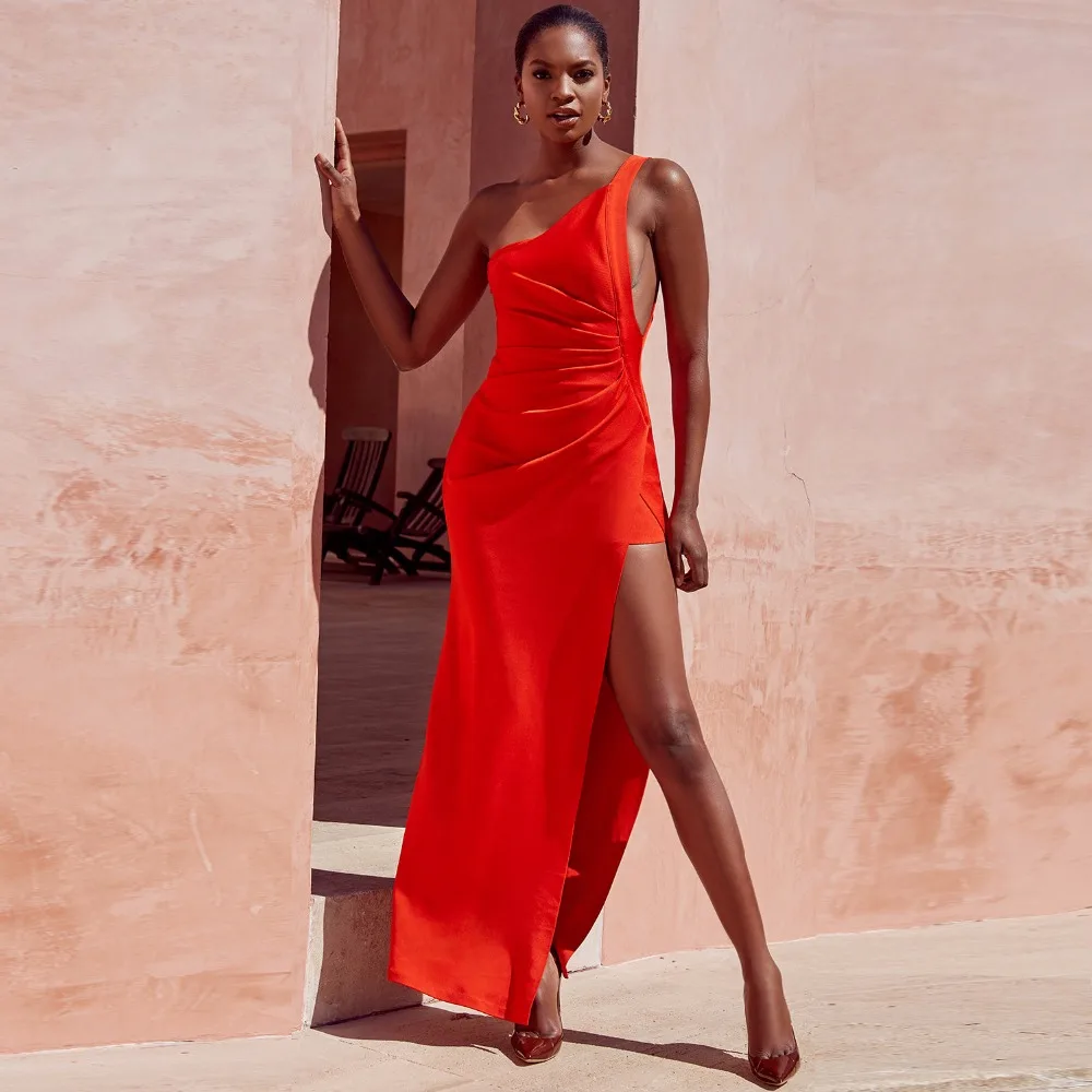 Высококачественное Красное Длинное облегающее платье на одно плечо с открытой вилкой элегантное вечернее платье