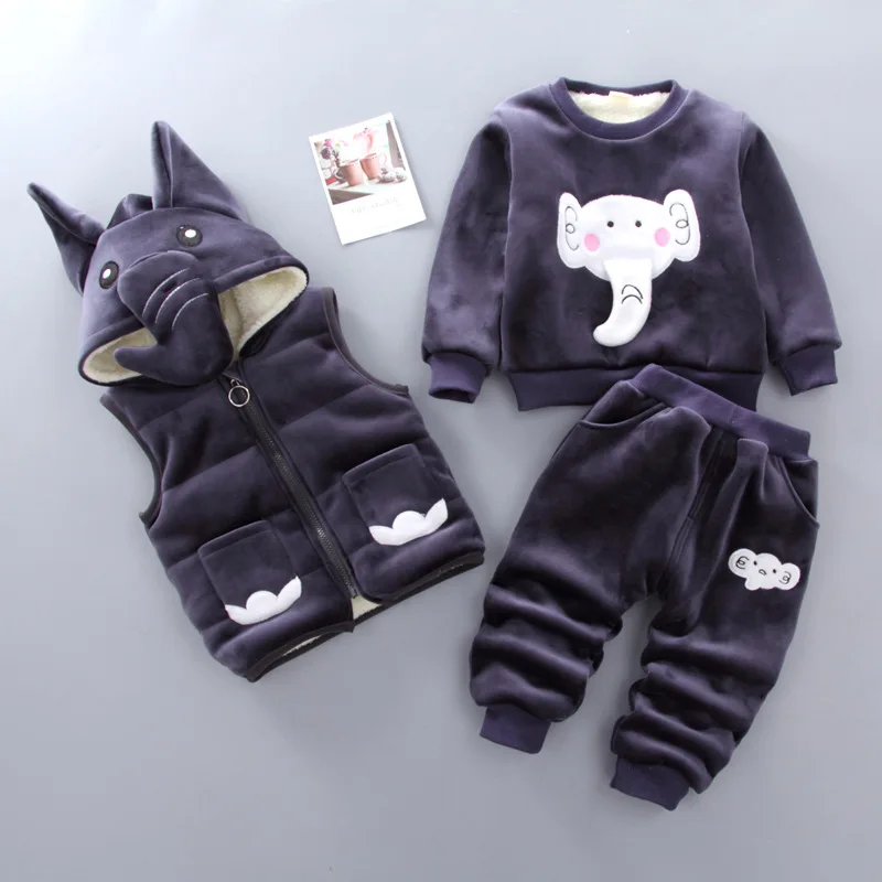 Модная хлопковая зимняя одежда с оленем и рождественским слоном для мальчиков и девочек, утепленная теплая толстовка, 3 предмета, одежда для маленьких мальчиков и девочек - Цвет: Black elephant