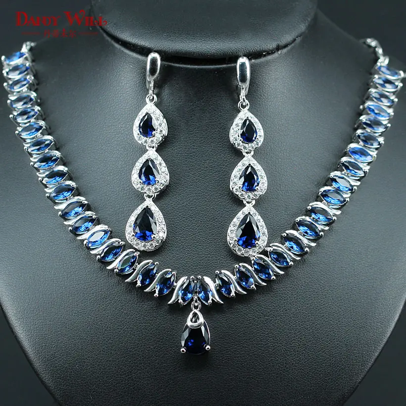 

Blue Cubic Zirconia Stones Bridal Jewellry Drop Engagement Necklace Earring Set For Women Wedding Jewelry