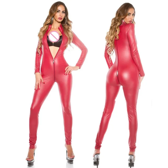 

Stretch Spandex Latex Bodysuit 2019 Hot Womens Jumpsuits Open Crotch Playsuits Faux Patent Leather Bodycon Catsuits overalls