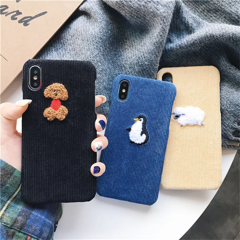 

Winter Fabric Cloth Phone Case For iPhone 11 Pro 6 6S 7 8 Plus Case Cute Sheep Penguin Teddy Back Cover For iPhone X XR XS MAX